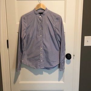 Jcrew striped button down with ruffle details.